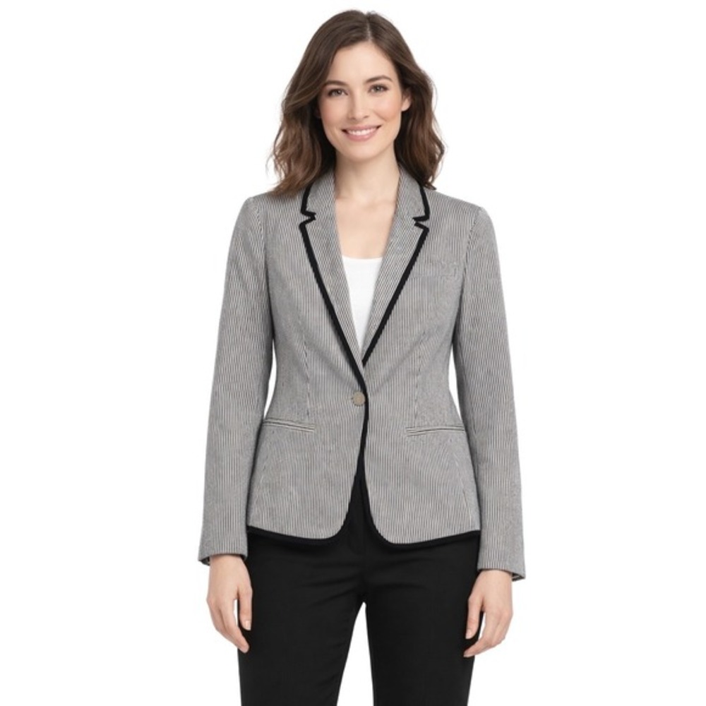 Ann Taylor LOFT Striped Seersucker Blazer Jacket Black White 8 Preppy Chic 78-27